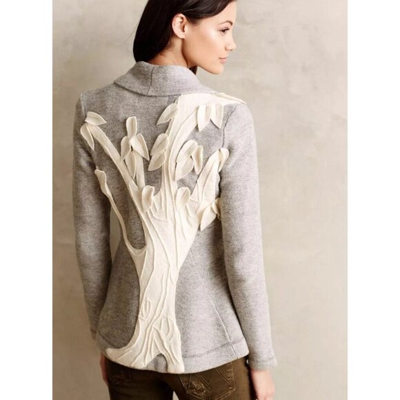 Rosie Neira L Tree Applique 100% Wool Cardigan Sweater Gray Lagenlook Art To Wea - Picture 2 of 8